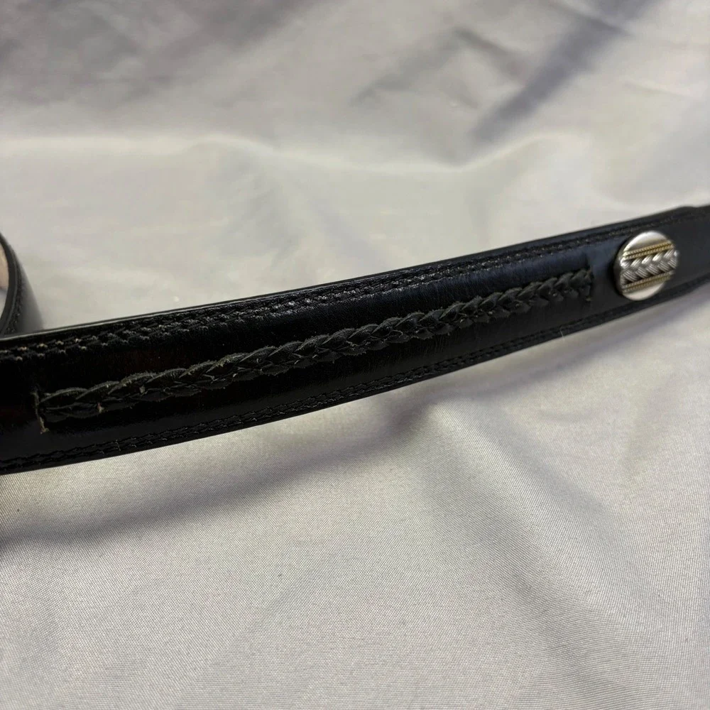 Vintage Western Black Genuine Leather Belt Braided Concho Silver Buckle Set 36 - Picture 4 of 5